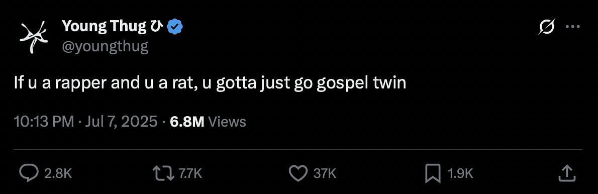 Young Thug's tweet on July 7 (Image via X.com/@youngthug)